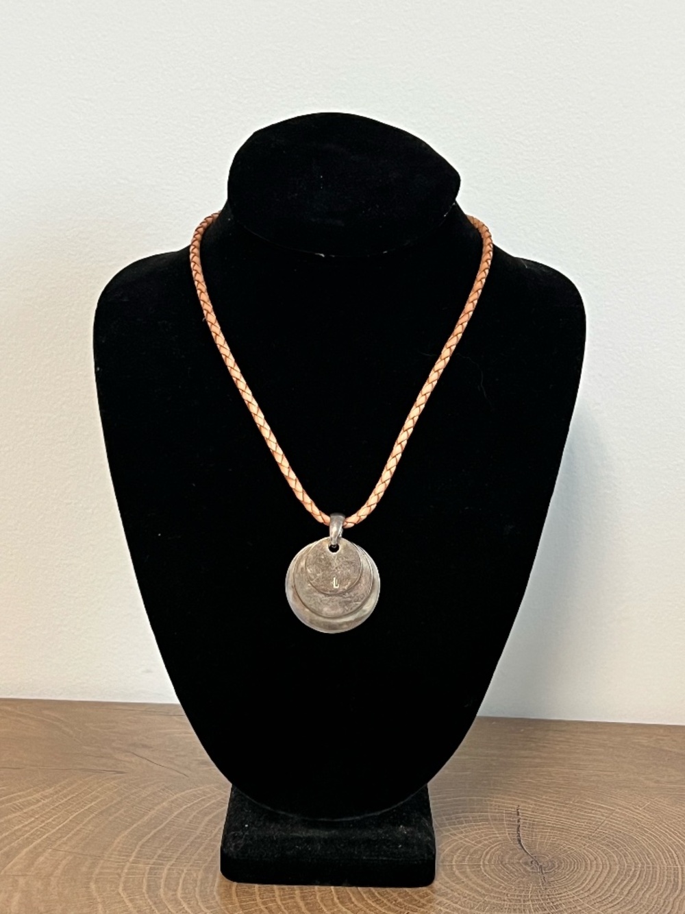 Ralph Lauren Braided Leather Pendant Necklace – Silver Disc Charm